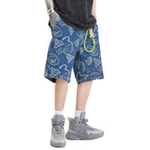 Threebooy vintage retro washed denim shorts men's tide brand ins street loose hip-hop tooling five points medium pants large size shorts